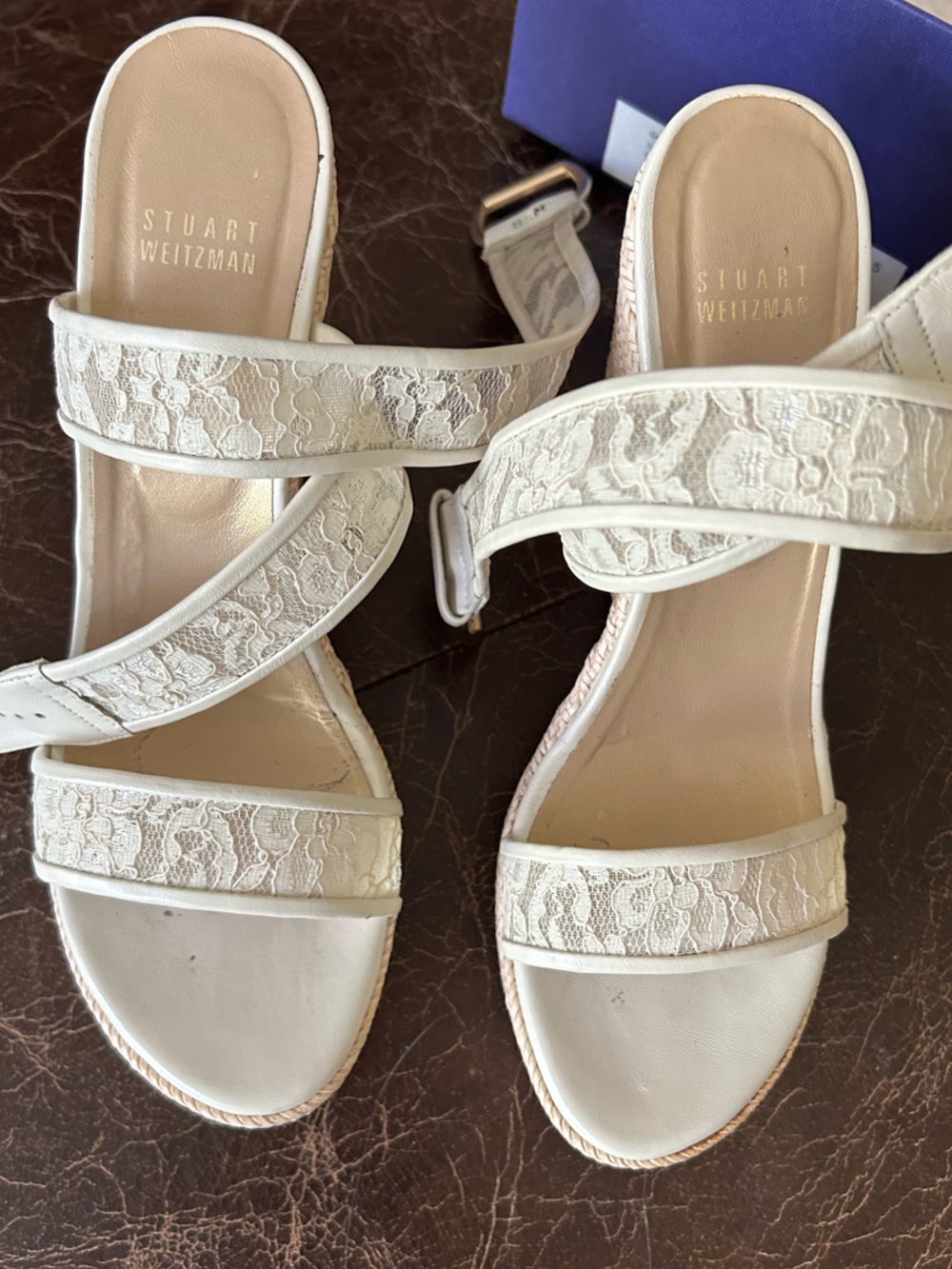 Stuart Weitzman Cream Lace Espadrille Wedge Sandals - Picture 4 of 12